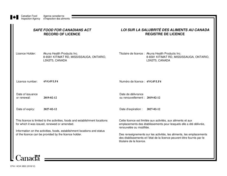 Licencja Canadian Food Inspection Agency numer 6VG4VLF4